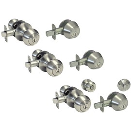 eBuilderDirect 3 Sets Satin Nickel Entry Entrance Keyed Round Door Locks Knobs with Matching Single Cylinder Deadbolt Combo Pack Keyed Alike