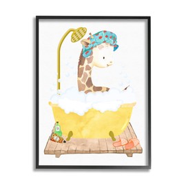 Stupell Industries Children's Giraffe Animal Bubble Bath Yellow Bathroom Black Framed Wall Art, White