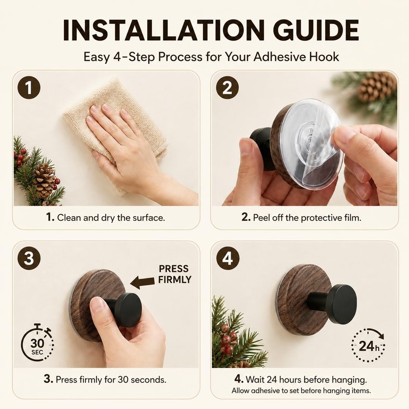 Wreath Hangers for Front Door, 3-Pack Walnut Adhesive Hooks