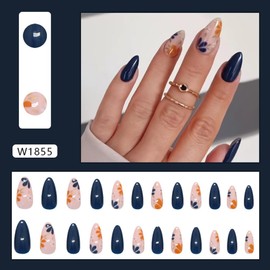 Deep Blue Press on Nails Medium Almond Fake Nails Glossy Glue on Nails with Flower Design Acrylic Nails Stiletto Artificial Nails Cute Flower Stick on False Nails for Women's Nail Decoration 24Pcs