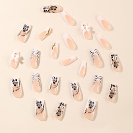 Press on Nails Medium Square Shaped Glossy Full Cover Acrylic French False Nails with Floral Leopard Bow Designs Artificial Rhinestone Fake Nails with Charms Glue Stick ons Fingernails for Women