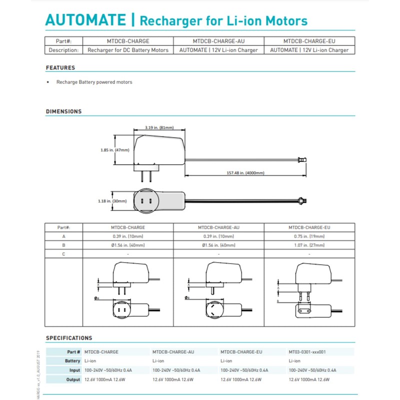 RollEase Acmeda Recharger for DC Motors #MTDCB-Charge