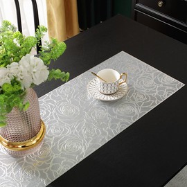 Hosoncovy Hollow Rose Table Runner Non-slip Decorative PVC Table Mats Placemat Heat Resistant Mats for Home Party Kitchen Dining Wedding Decor (92CM X 33CM) (Silver)