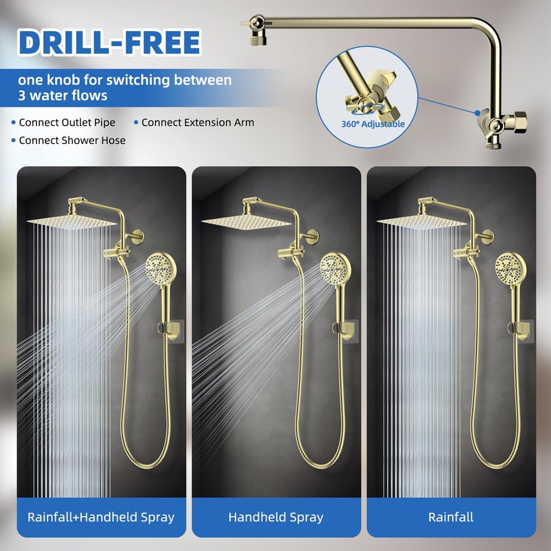 All Metal Shower Head, 10" High Pressure Rainfall/Handheld Shower Combo