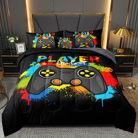 BDUCOK 6 Pieces Gamer Comforter Set for Boys Gaming Bedding Set Queen Size,Video Game Controller Comforter for Kids Adult 3D Gamepad Microfiber Bedding Sets 6 Pieces Bed in A Bag Sets30019,Queen