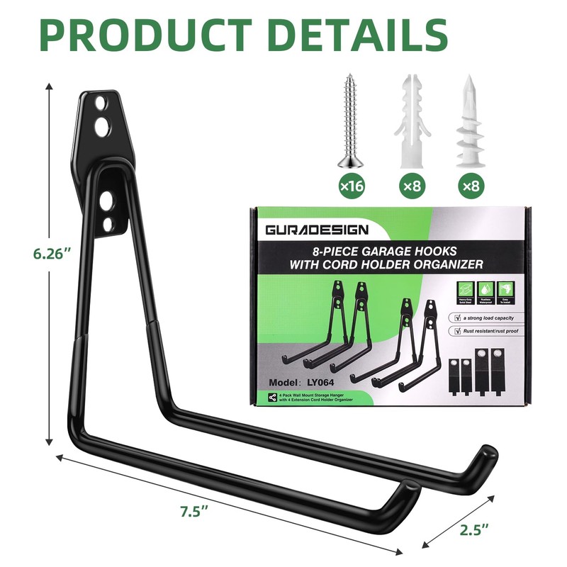 4-Piece Garage Hooks Wall Mount Storage Hanger with 4 Extension