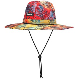 Hurley Men's Sun Hat - Wide-Brim Tropical Print Lifeguard and Summer Beach Hat for Men with Chin Strap, Size One Size, Chile Red
