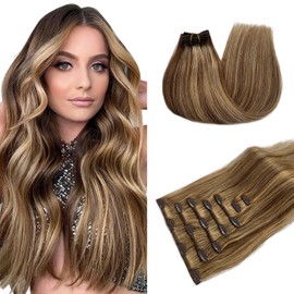 Belaved Honey Blonde Mixed Light Brown Remy Hair Extensions 16 Inch Straight Clip Ins 70g 7pcs #4P27