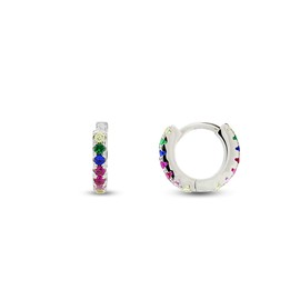 Colourful Rainbow Cubic Zirconia Round Small Tiny Hoop Earrings 14k White Gold Plated 925 Sterling Silver Jewelry Gift for Womens