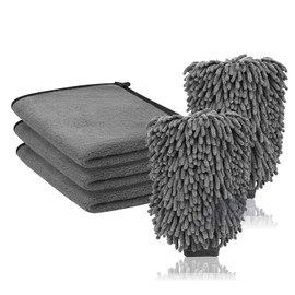 Behiruch 5 Stück Autopflege Set, 3er Mikrofasertücher Auto & 2er Mikrofaser Waschhandschuh Auto, 40x30 cm Microfasertuch Autopflege, Extra Saugstark und Schonend Weich für Camping, Haushalt
