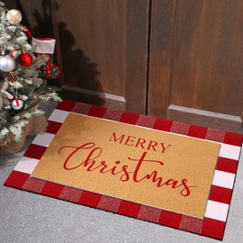 Duraaamo 2 Pcs Christmas Doormat Merry Christ Non Slip Outdoor Rug Xmas Welcome Layered Buffalo Plaid Floor Mats for Front Porch Entryway(Red White Plaid)