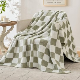 EMEMA Christmas Checkered Throw Blanket Microfiber Soft Cozy Fluffy Warm Hand Made Throw Blankets for Couch, Sofa, Chair, Bed, Camping, Picnic, Breathable Bed Blanket,Sage Green (50" x 60")