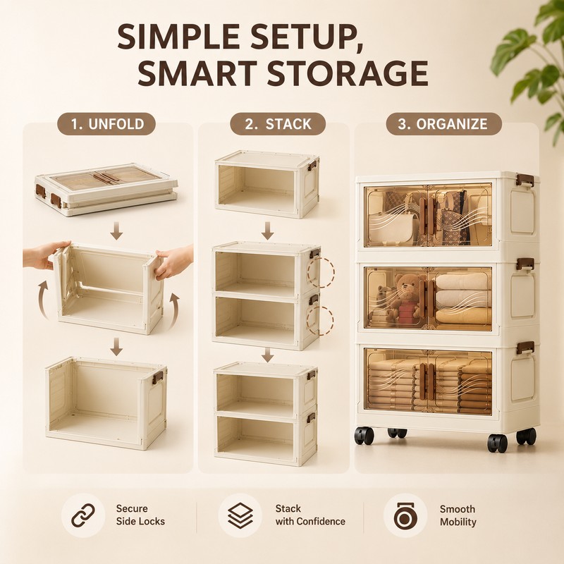 Beige Plastic Stackable Storage Box with Lid and Wheels for