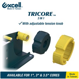 Excell TriCore Vegetable Wrappers Tape Dispenser: Fits 1", 3", and 3.5" cores for Flexible Tape use. Perfect for Packaging Groceries, Fruits, and Candy. Rust-Proof Blade ensures Durability.