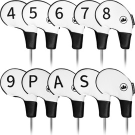 Craftsman Golf Premium PU Leather White and Black Iron Head Covers Set of 10 with Embroidered Club No. (4-9, PW, AW, SW, Blank) Soft Protective Lining Secure Fit Gift for Men Women