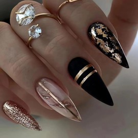 LPOODDNU Medium Press on Nails Almond Black Fake Nails Medium Length Gold Foil Glue on Nails Glossy Full Cover Gold Line Acrylic False Nails Cute Stick on Nails - 24Pcs