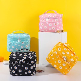 Travel Daisy Make Up Organiser Bag Portable Cosmetic Pouch Large Toiletry Wash Bag Makeup Brush Bag Pencil Storage Case for Women Black