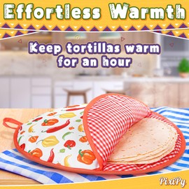 PixiPy Tortilla Warmer Pouch (Peppers, 12 Inch), Microwavable Fabric Tortilla Heater Pouch to Keep Tortillas Soft & Warm, Insulated Heat Keeper for Flour & Corn Shells, Ideal for Tacos & More