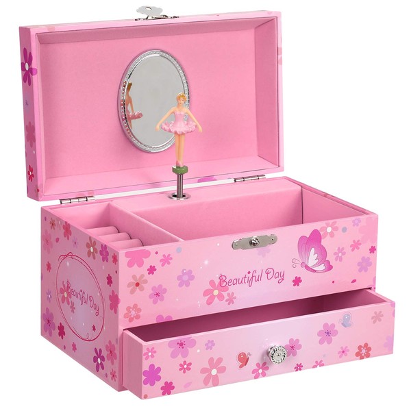 SONGMICS Ballerina Music Jewelry Box Storage Case with Drawer, Gift for Little Girls, Pink UJMC003