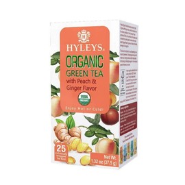 Hyleys Organic Green Tea Peach & Ginger Flavor - 25 Tea Bags (100% Natural, Sugar Free, Gluten Free and Non-GMO)