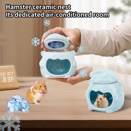 Bear-Shaped Ceramic Hamster Hideout - Cooling House for Syrian Dwarf Hamster, Mice, Gerbils & Small Pets, Breathable Ceramic Habitat with Removable Lid for Ice Packs, Cute Summer Cool Hideaway（Blue）