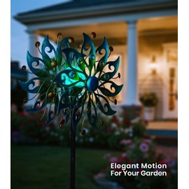 VUFOZ Solar Wind Spinners Outdoor – H63xW13 Metal Kinetic Garden Spinner with Crackle Glass Ball & Built-in Solar Panel – Peacock-Style Yard Wind Sculpture with LED Light