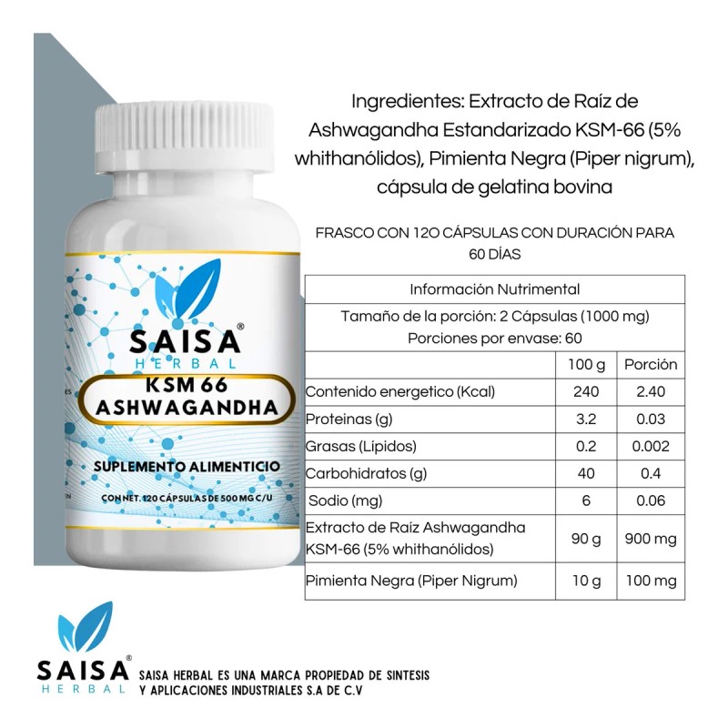 Suplemento Antiestres Ksm 66 | 120 Cápsulas | Suplemento Alimenticio