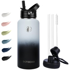 OcTecho Metal Water Bottle with Straw, 950ml Stainless Steel Water Bottle 2 Leakproof Lid, BPA Free Double Walled Vacuum Insulated Water Bottle Thermal for 12h Hot & 24h Cold,for Man,Woman-Black+White