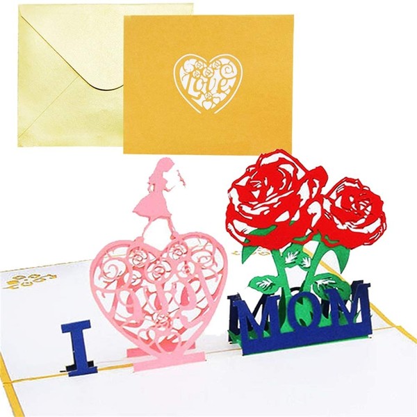 UMEELR I LOVE MOM 3D Pop Up Greeting Card with Envelope, Paper Rose Flower Blessing Card for Mother's Day, Card for Wife/Mom, Birthday, Wedding Anniversary, Thank You Card, 6" x 5"