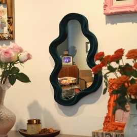 TEIPAI 13.8x29.7 Big Decorative Mirror for Girly Bedroom Dresser Decor, Abstract Wavy Wall Mirrors for Home Book Coffee Shop Hotel Decoration, Unique Gift for Birthday Thanksgiving (Dark Green)