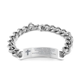 Proverbs 16:3 Bracelet Men Women, Cuban Chain Stainless Steel Bracelet, Commit To The Lord Whatever You Do, Gifts for Birthday Valentines Christmas Bible Verse Inspirational