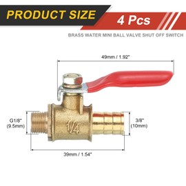 uxcell 4Pcs Brass Water Mini Ball Valve Shut Off Switch, G1/8" Male x 3/8" Hose Barb, 180 Degree Operation Handle, Brass Valve