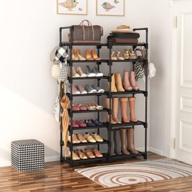 ROJASOP Shoe Rack Organizer, 8-Tier Metal Shoe Rack for Closet Entryway Garage, 26-32 Pairs Tall Shoe Boot Storage Shelf with 15 Hooks, Stackable Large Shoe Stand