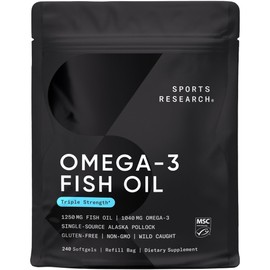 Sports Research Triple Strength Omega 3 Fish Oil - Burpless Fish Oil Supplement wEPA  DHA Fatty Acids from Wild Alaskan Pollock - Heart, Brain...     