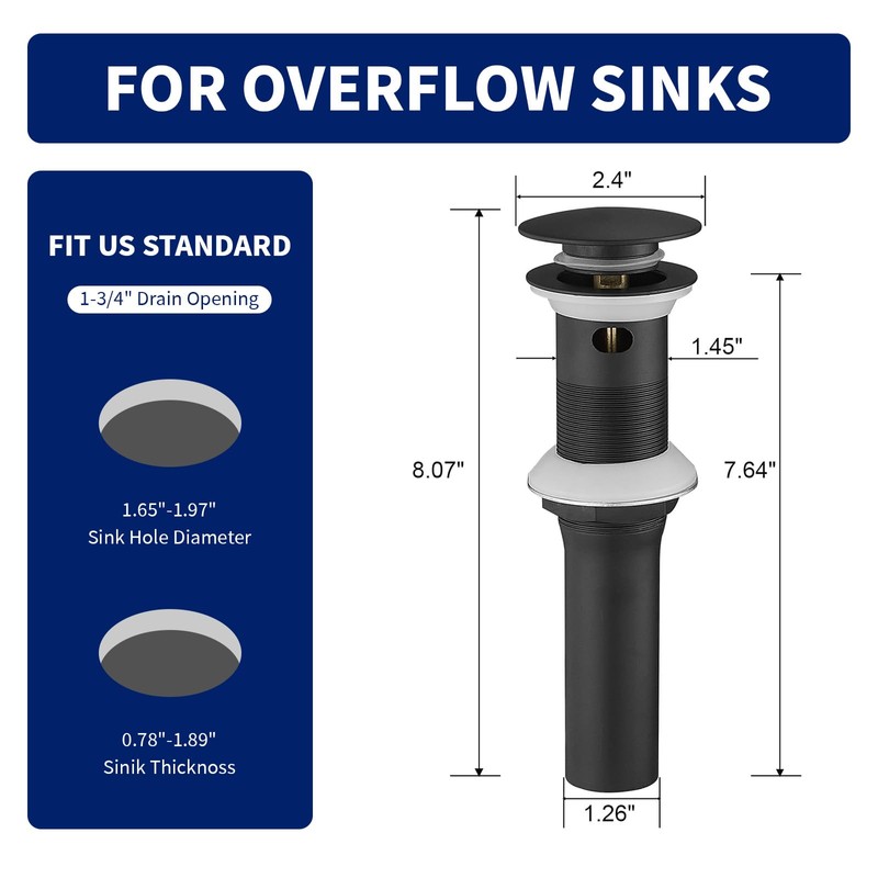 Homevacious Black Bathroom Sink Drain Pop up Drain with Overflow