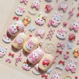 5D Embossed Pink Rabbit Nail Art Stickers Self Adhesive Easter Nail Decals Butterfly Heart Ice Cream Nail Design Stickers White Rabbit Nail Stickers Cute Nail Art Supplies for Women Acrylic Manicure
