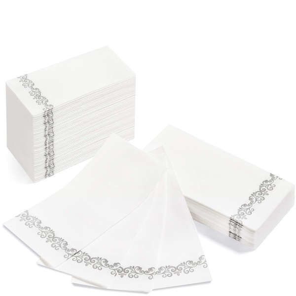 AH AMERICAN HOMESTEAD Disposable Hand Towels For Bathroom- White Linen-Like Paper Napkins- Ideal For Dinner Party Or Wedding (Silver Vintage, 100)