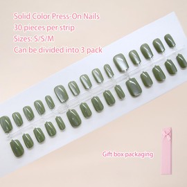 Solid Color Cat Eye Press-On Nails Kit – Reusable Fake Nails with Jelly Glue & Removal Tools, Gift Box Multiple Colors Available (Green Cat Eye)