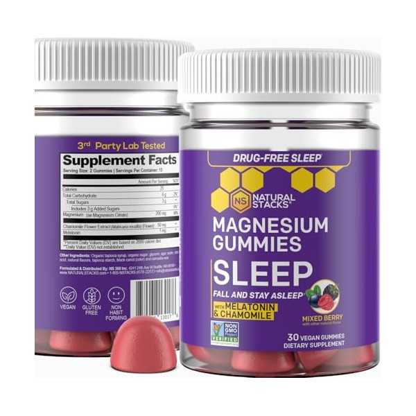 NATURAL STACKS Sleep Magnesium Gummies with Melatonin - 200mg Magnesium