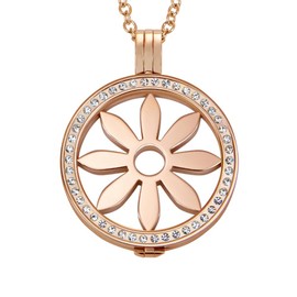 Quiges 90 cm Necklace Set Rose Gold Stainless Steel with Crystal Pendant and 33 mm Coin Large, Crystal, Cubic Zirconia