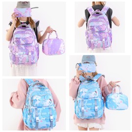 Backpack for Girls Kids Backpacks with Lunch Box Elementary Middle High School Backpacks Students Bookbag Set School Bags for Teens Girls (Sky Blue)