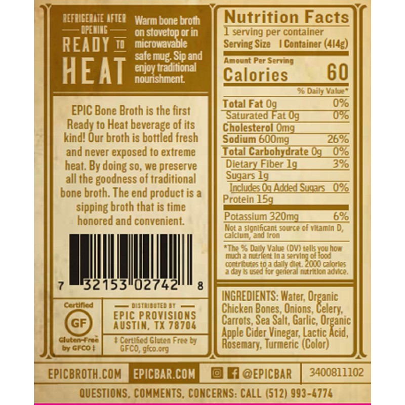 Epic Artisanal Bone Broth, Homestyle Savory Chicken, 14 oz. (3