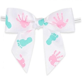 Weststone 50pcs Satin Baby Foot and Hand Printing Ribbon Bows 3 1/2" Span x 2" Tail, Ribbon Width 1", Pre-Tied Bows or Self-Adhesive Bows for Baby Shower