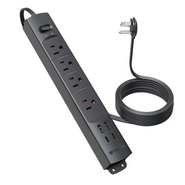 TROND Flat Plug Power Strip USB-10ft Flat Extension Cord Surge Protector Wall Mount, 2 USB C Charger & 2 USB A Ports with Multiple Outlets, 1440J, 1625W for Office Supplies Dorm Room Essentials, Black