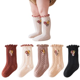 Meeshine 5 Pairs Baby Girls Knee High Socks Cotton Ruffle Frilly Flower Princess Dress Crew Long Stocking 0-5T Infants Kids