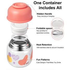 KTKUDY 17 oz Thermo for Hot Food - Stainless Steel Insulated Food Jar with Folding Spoon - Wide Mouth Soup Thermos for Kids & Adults - Thermal Lunch Container - Keeps Hot 12H / Cold 20H