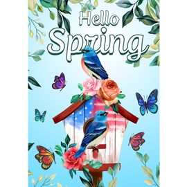 America Forever Hello Spring Garden Flag 12.5 x 18 inches Double Sided Butterflies, Bluebird, Birdhouse, Flowers - Seasonal Yard Lawn Outdoor Decorative Summer Floral Garden Flag