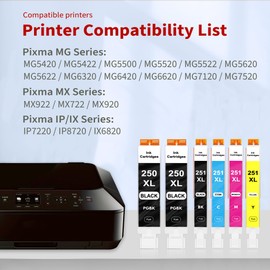PGI-250XL CLI-251XL High Yield Ink Cartridge Replacement for Canon 250XL and 251XL Ink for with PIXMA MX922 MG5520 MG6620 MG5522 MG6320 MG5420 Printer (6-Pack Black, Cyan, Magenta, Yellow)