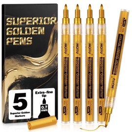 HOTU 5 Acrylic Paint Markers, Gold Paint Pens, Metallic Markers Permanent Extra-Fine Tip 0.7mm, Waterproof Paint Pens for Rock Painting, Wood, Plastic, Metal, Canvas (5 Gold)