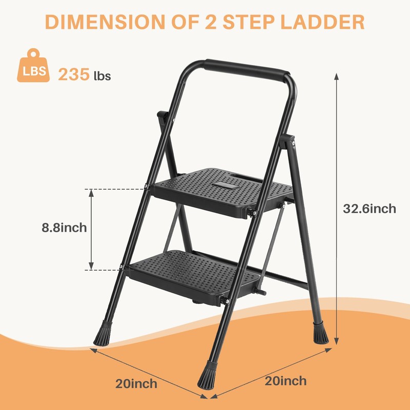 2 Step Ladder, Foldable Step Stool Ladder with Anti-Slip Pedal,